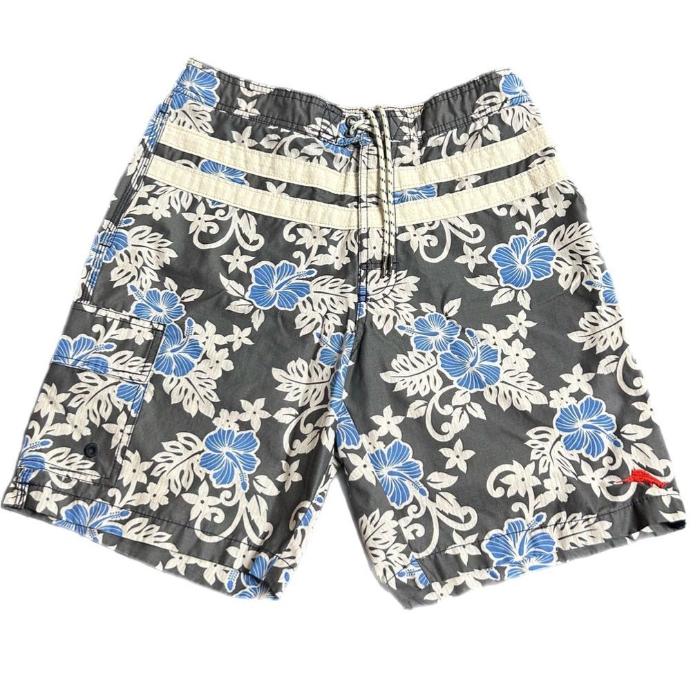 Tommy Bahama Floral Cotton Blend Swim Trunks 8 1/2” Grey Blue Mesh Liner-Medium